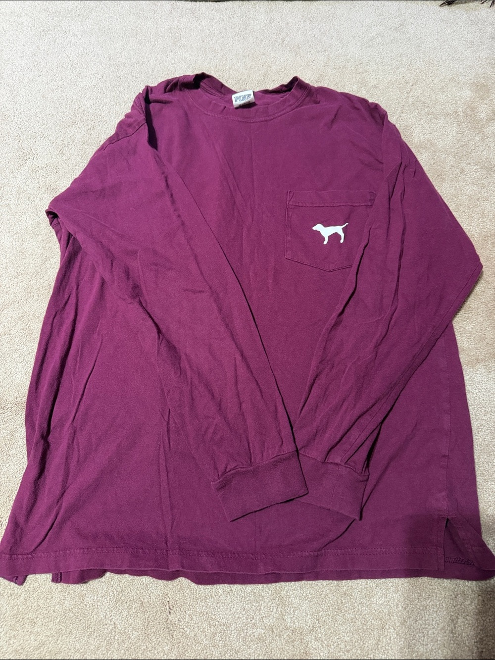 PINK Victoria's Secret Long Sleeve Pocket Tee in Plum with White Dog Logo